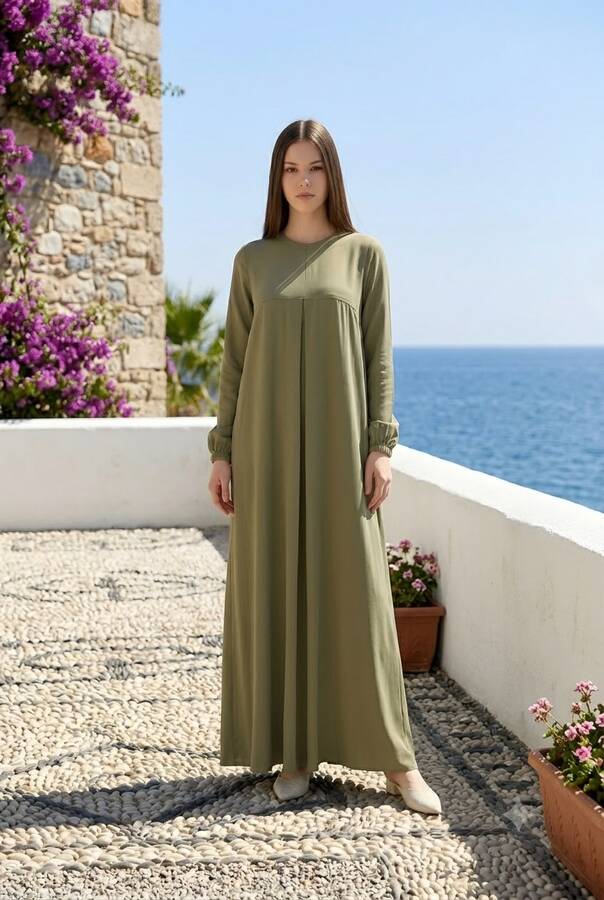 6482-DENİM ÖN TEK PİLELİ ELBİSE Haki