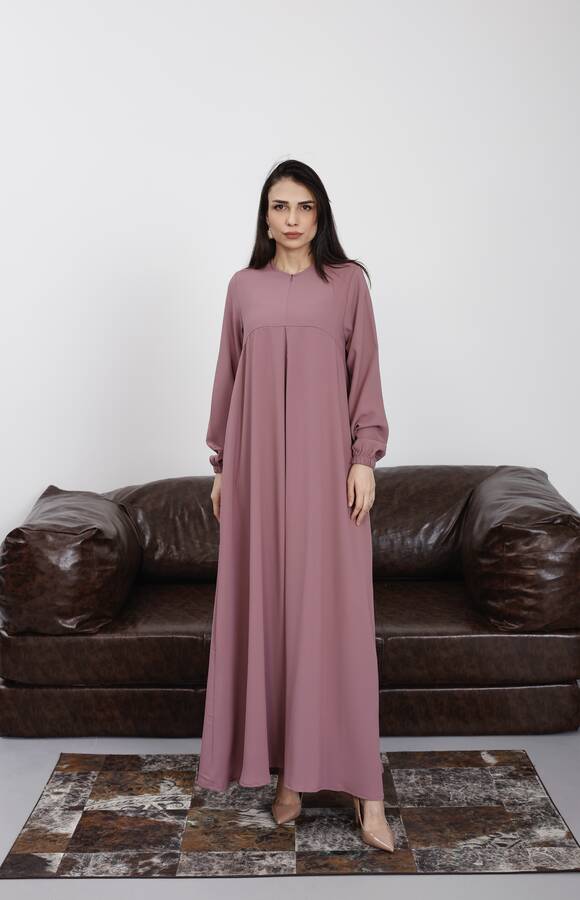 6482-ÖN TEK PİLELİ KREP ELBİSE Gül Kurusu