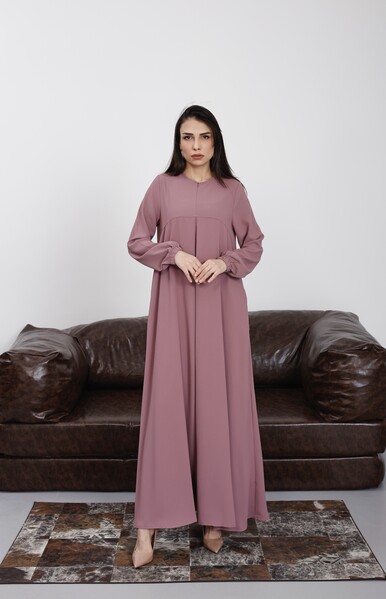 Neways - 6482-ÖN TEK PİLELİ KREP ELBİSE Gül Kurusu