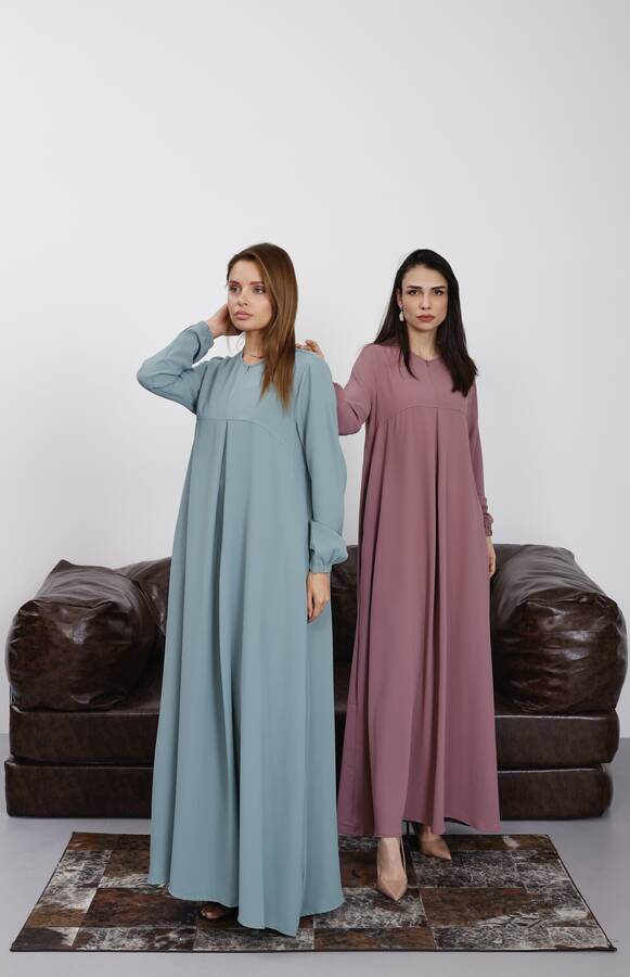 6482-ÖN TEK PİLELİ KREP ELBİSE Gül Kurusu