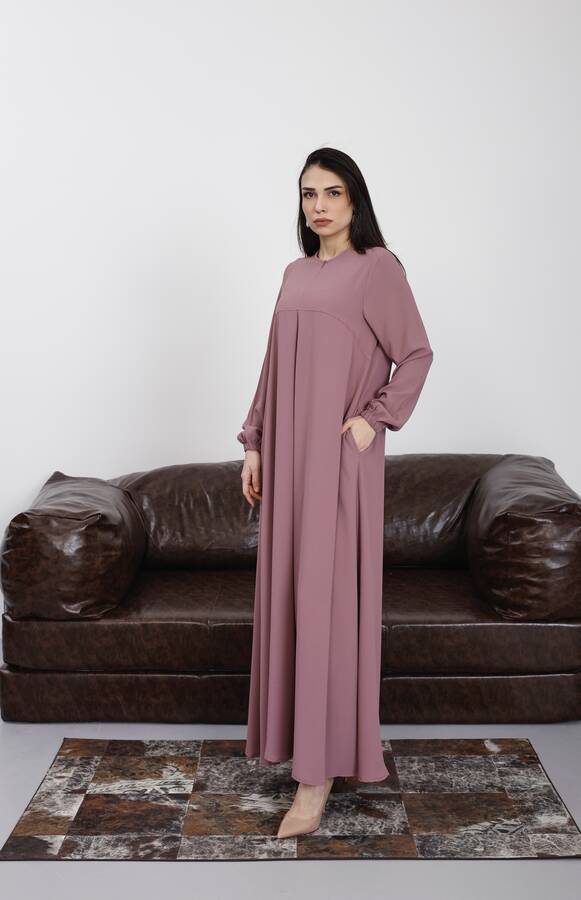 6482-ÖN TEK PİLELİ KREP ELBİSE Gül Kurusu