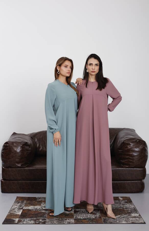 6482-ÖN TEK PİLELİ KREP ELBİSE Gül Kurusu