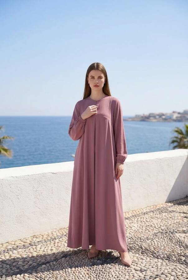 6482-ÖN TEK PİLELİ KREP ELBİSE Gül Kurusu