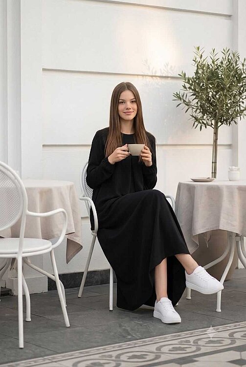 6482-ÖN TEK PİLELİ  KREP ELBİSE Siyah - 2