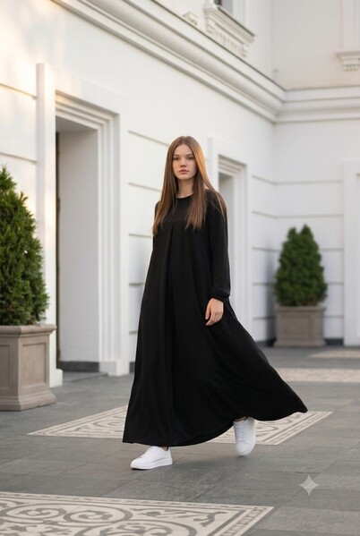 Neways - 6482-ÖN TEK PİLELİ KREP ELBİSE Siyah