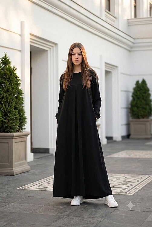 6482-ÖN TEK PİLELİ  KREP ELBİSE Siyah - 4