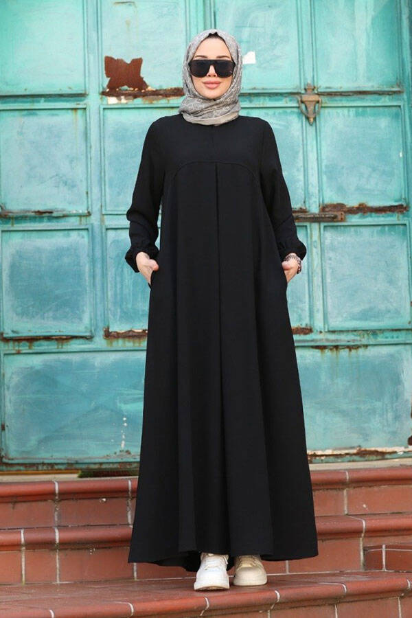 6482-ÖN TEK PİLELİ KREP ELBİSE Siyah