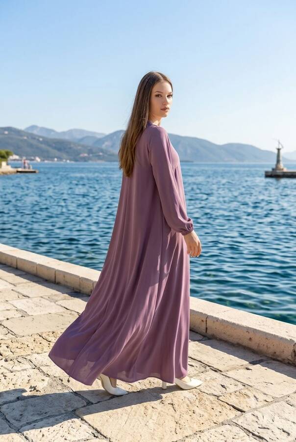 6482-ÖN TEK PİLELİ KREP ELBİSE Lila