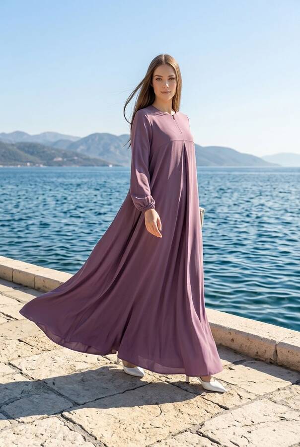 6482-ÖN TEK PİLELİ KREP ELBİSE Lila