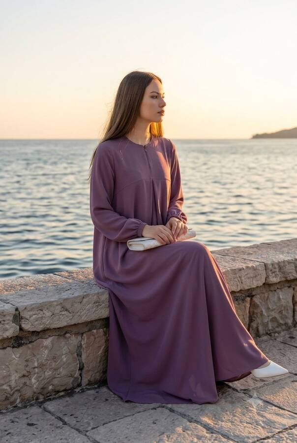 6482-ÖN TEK PİLELİ KREP ELBİSE Lila