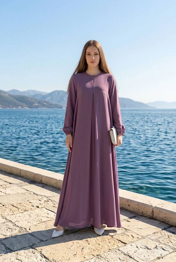6482-ÖN TEK PİLELİ KREP ELBİSE Lila