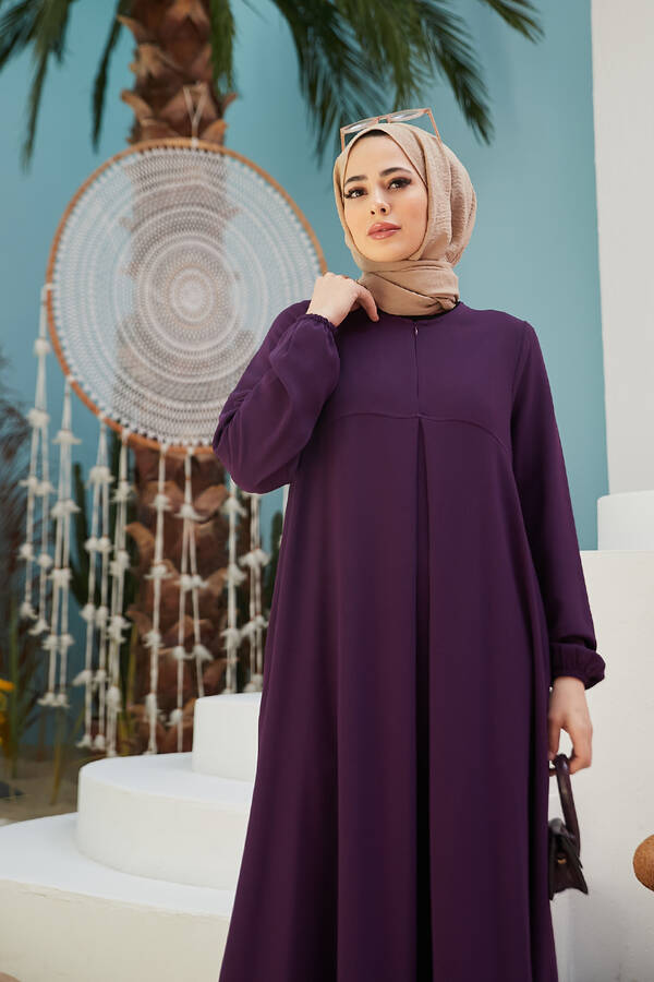 6482-ÖN TEK PİLELİ KREP ELBİSE Mürdüm
