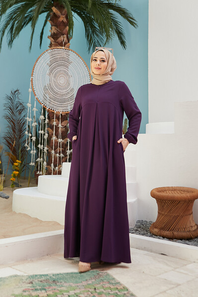 Neways - 6482-ÖN TEK PİLELİ KREP ELBİSE Mürdüm