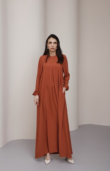 Neways - 6482-ÖN TEK PİLELİ KREP ELBİSE Taba