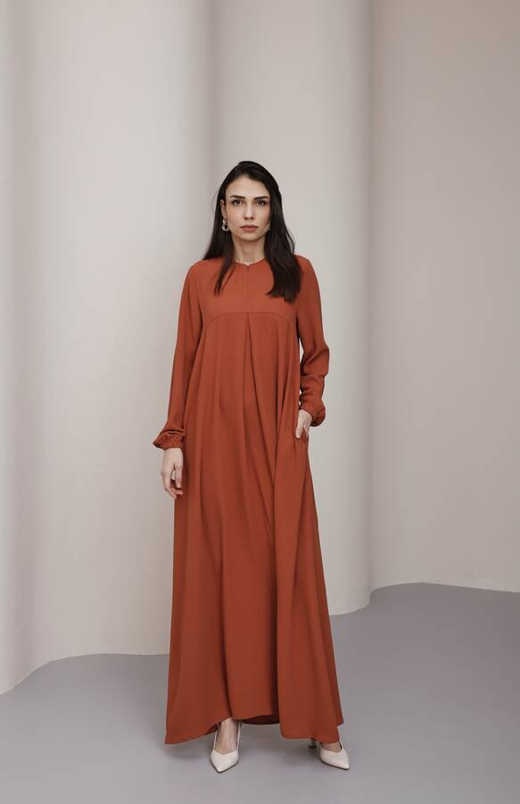 6482-ÖN TEK PİLELİ KREP ELBİSE Taba