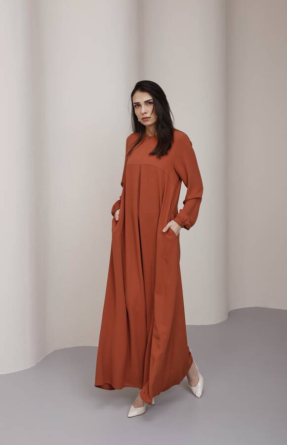 6482-ÖN TEK PİLELİ KREP ELBİSE Taba