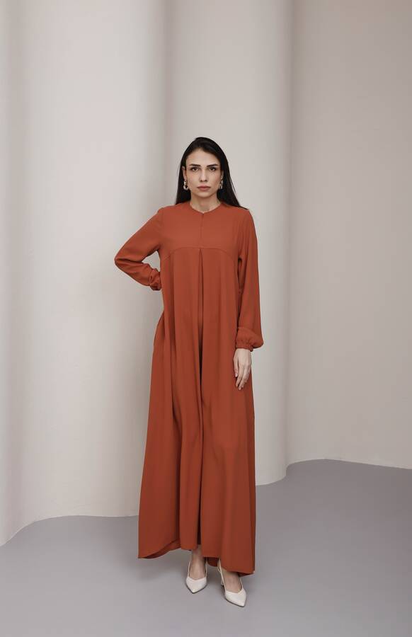 6482-ÖN TEK PİLELİ KREP ELBİSE Taba