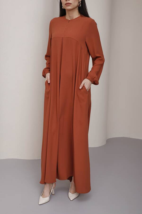 6482-ÖN TEK PİLELİ KREP ELBİSE Taba