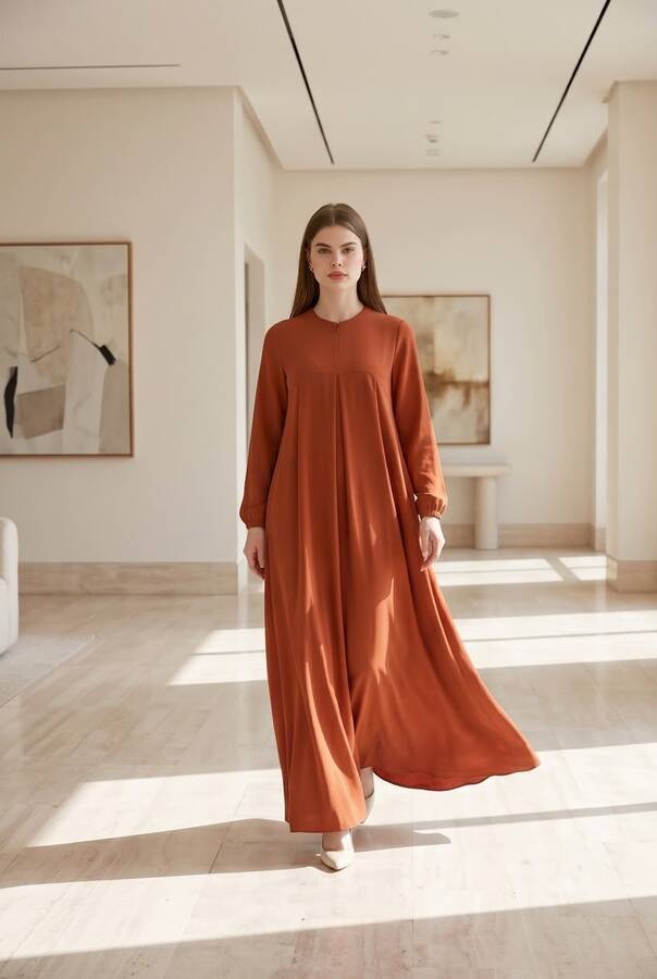 6482-ÖN TEK PİLELİ KREP ELBİSE Taba