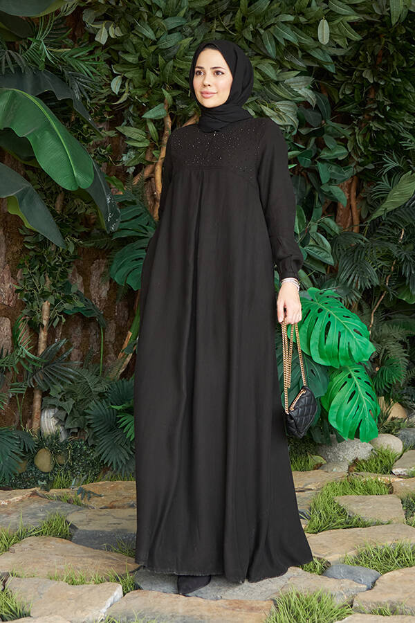 6482-Taşlı Tensel Elbise Siyah
