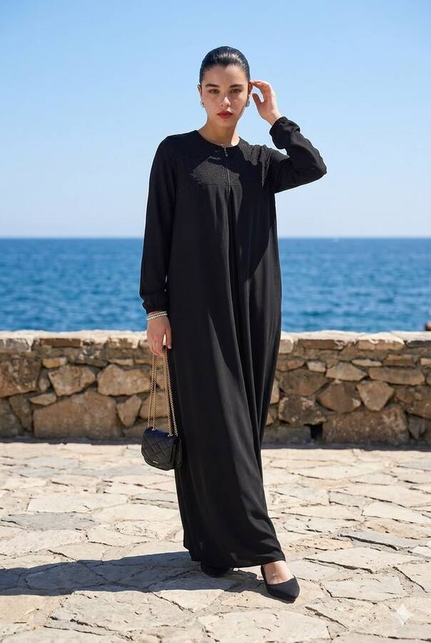 6482-Taşlı Tensel Elbise Siyah