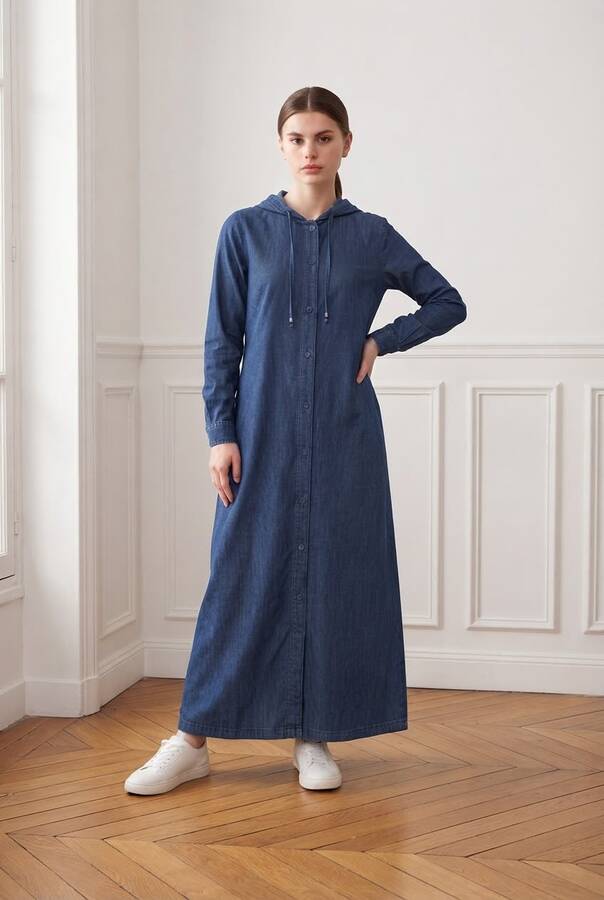 6494-Denim Kapşonlu Düğmeli Ferace Koyu Mavi
