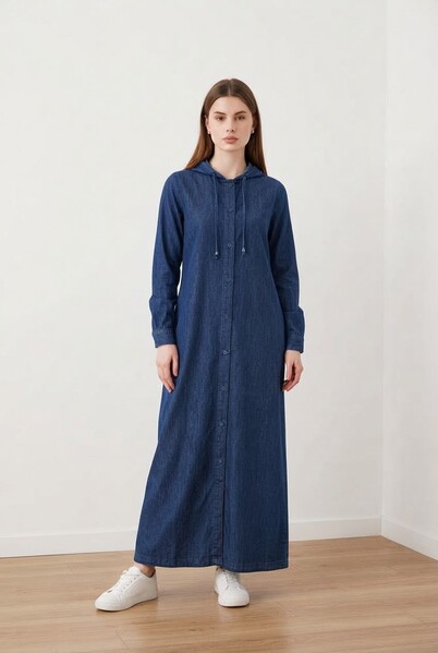 Neways - 6494-Denim Kapşonlu Düğmeli Ferace Koyu Mavi