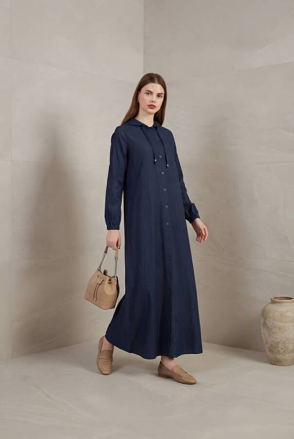 6494-Denim Kapşonlu Düğmeli Ferace Lacivert