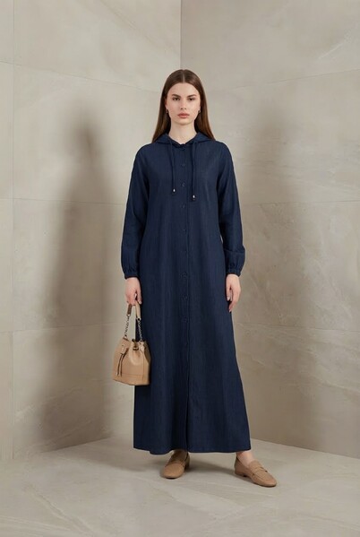 Neways - 6494-Denim Kapşonlu Düğmeli Ferace Lacivert