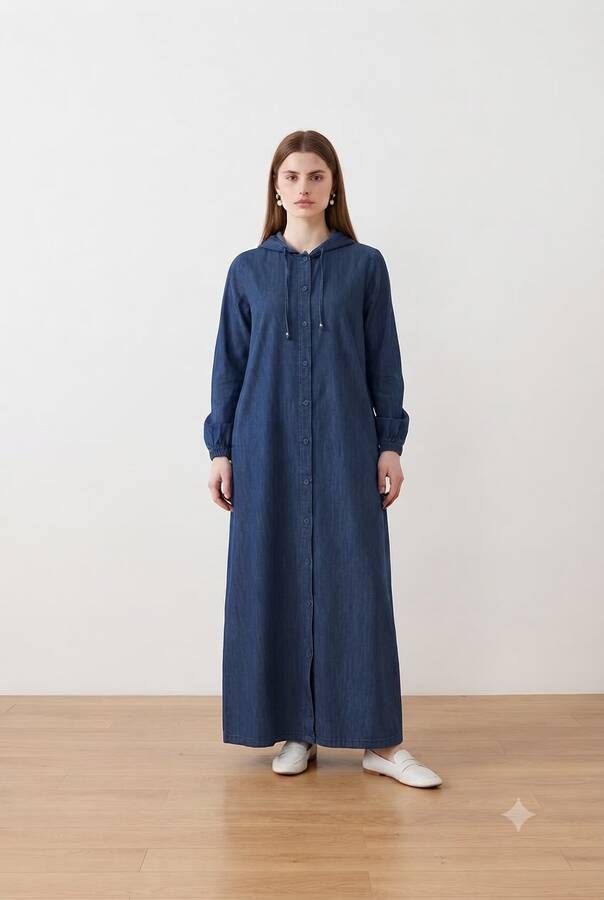 6494-Denim Kapşonlu Düğmeli Ferace Mavi
