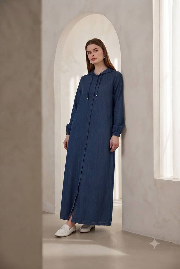 6494-Denim Kapşonlu Düğmeli Ferace Mavi