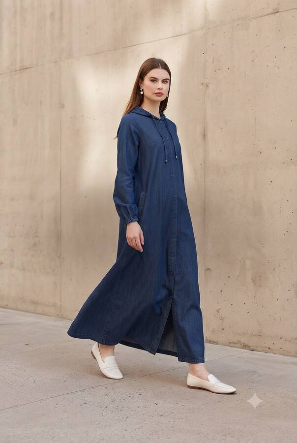 6494-Denim Kapşonlu Düğmeli Ferace Mavi