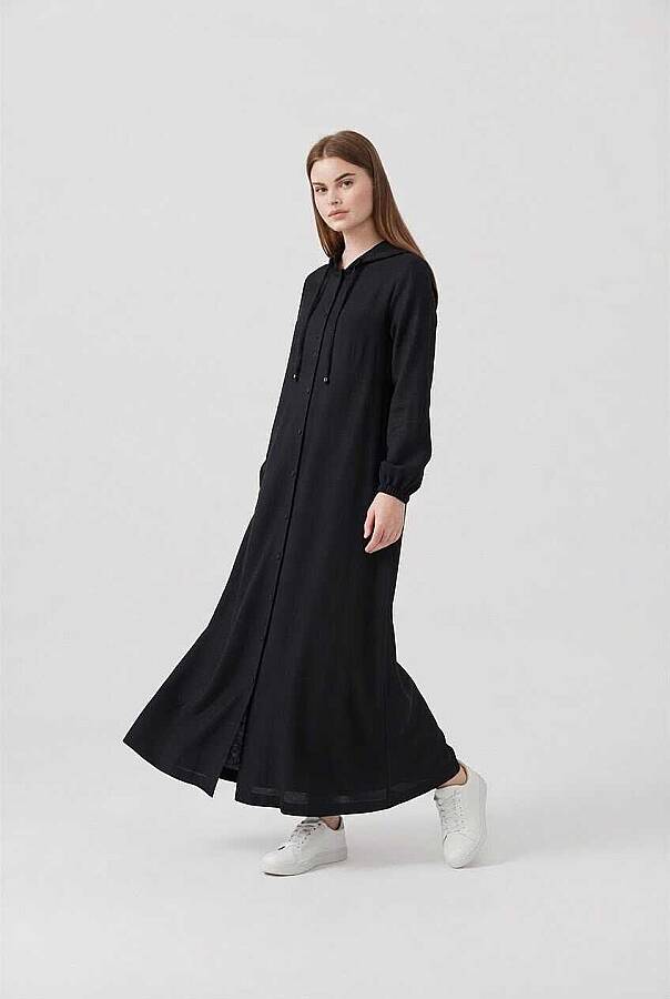 6494-Denim Kapşonlu Düğmeli Ferace Siyah - 3