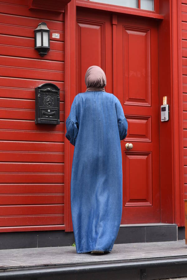6496-Denim Kolları Büzgülü Düğmeli Tensel Ferace Koyu Mavi