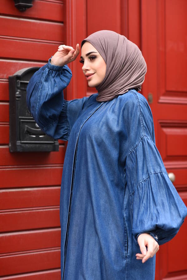 6496-Denim Kolları Büzgülü Düğmeli Tensel Ferace Koyu Mavi