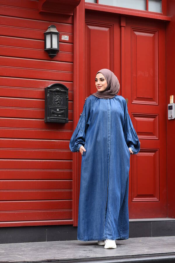 6496-Denim Kolları Büzgülü Düğmeli Tensel Ferace Koyu Mavi