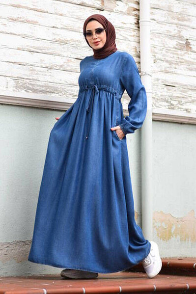 Neways - 6497-Denim Tensel Süs Bağcıklı Elbise Koyu Mavi