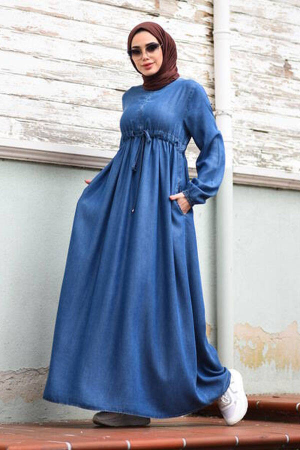 6497-Denim Tensel Süs Bağcıklı Elbise Koyu Mavi