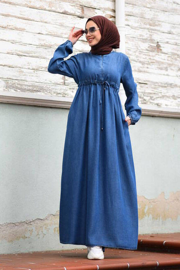 6497-Denim Tensel Süs Bağcıklı Elbise Koyu Mavi