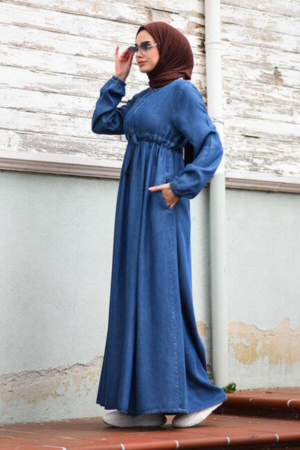 6497-Denim Tensel Süs Bağcıklı Elbise Koyu Mavi