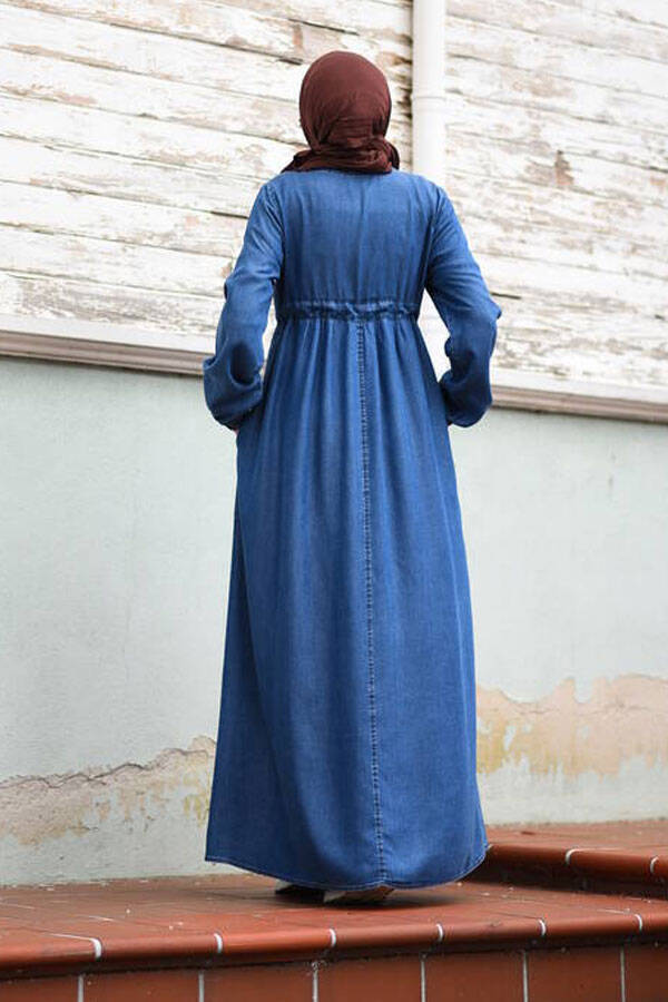 6497-Denim Tensel Süs Bağcıklı Elbise Koyu Mavi