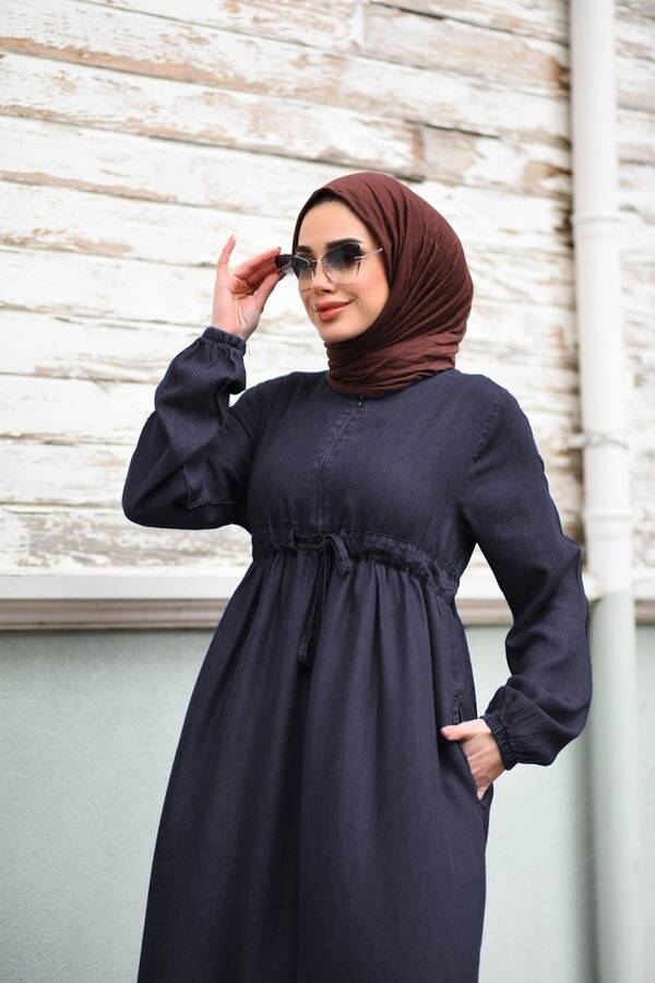 6497-Denim Tensel Süs Bağcıklı Elbise Lacivert