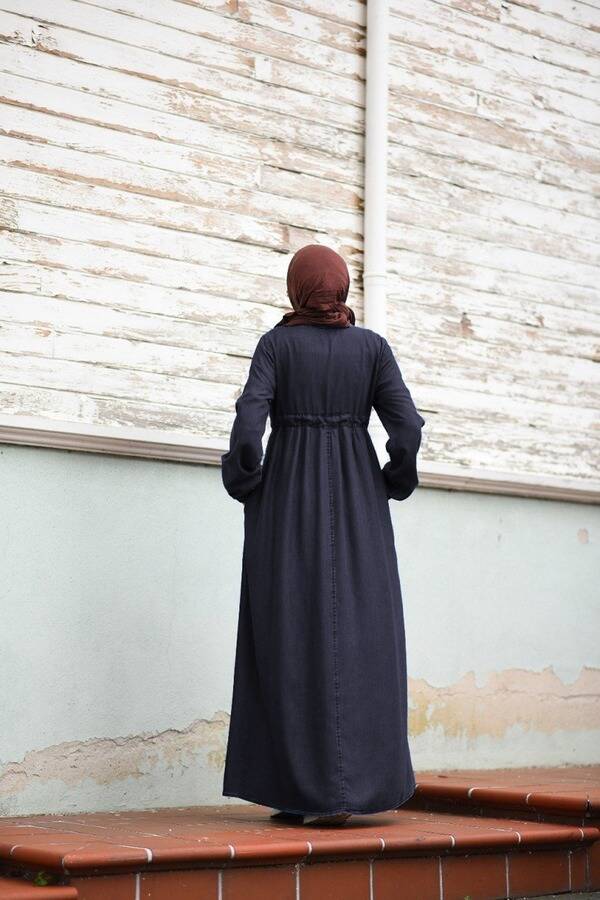 6497-Denim Tensel Süs Bağcıklı Elbise Lacivert