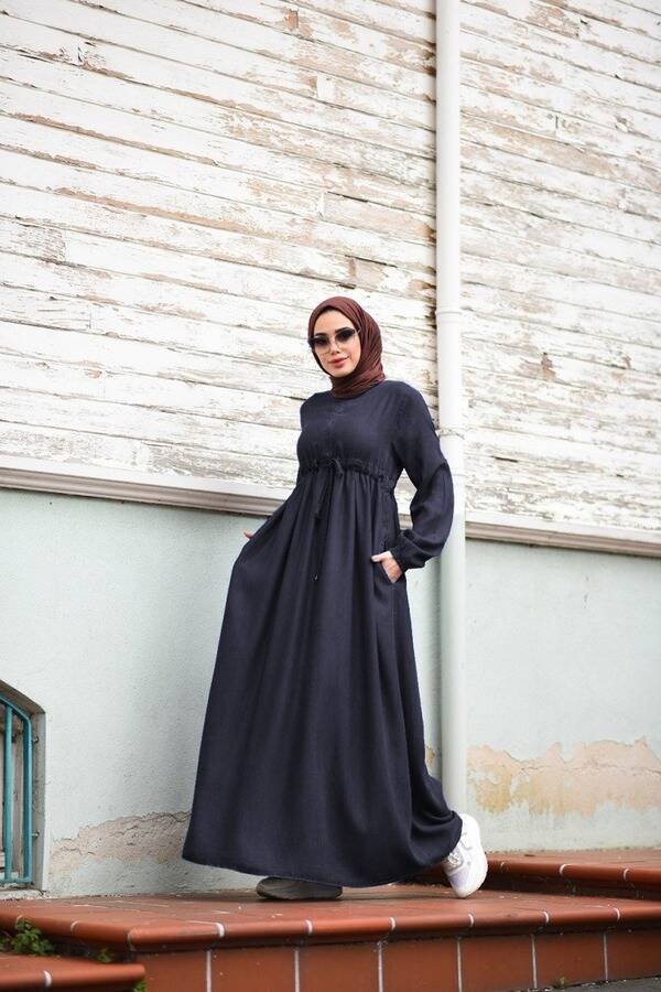6497-Denim Tensel Süs Bağcıklı Elbise Lacivert