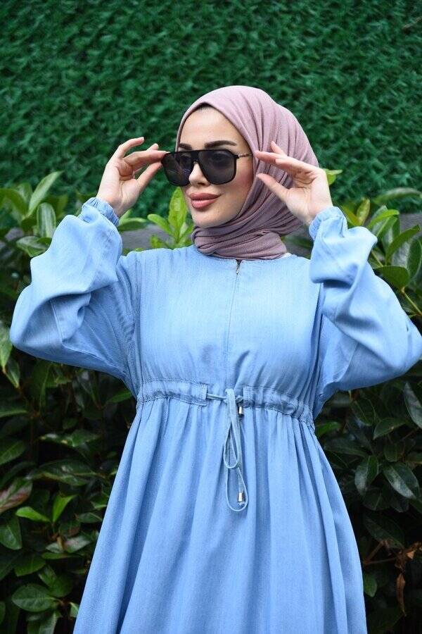6497-Denim Tensel Süs Bağcıklı Elbise Mavi