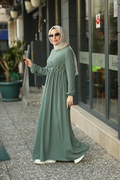 Neways - 6497-Krep Süs Bağcıklı Büzgülü Elbise Mint Yeşili