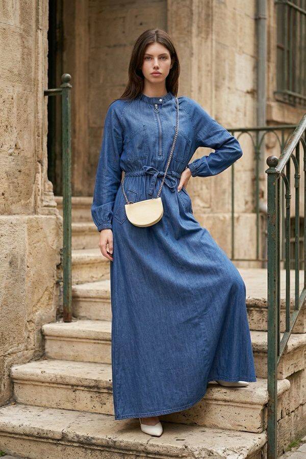 6501-DENİM REGLAN KOLLU CEPLİ ELBİSE Koyu Mavi
