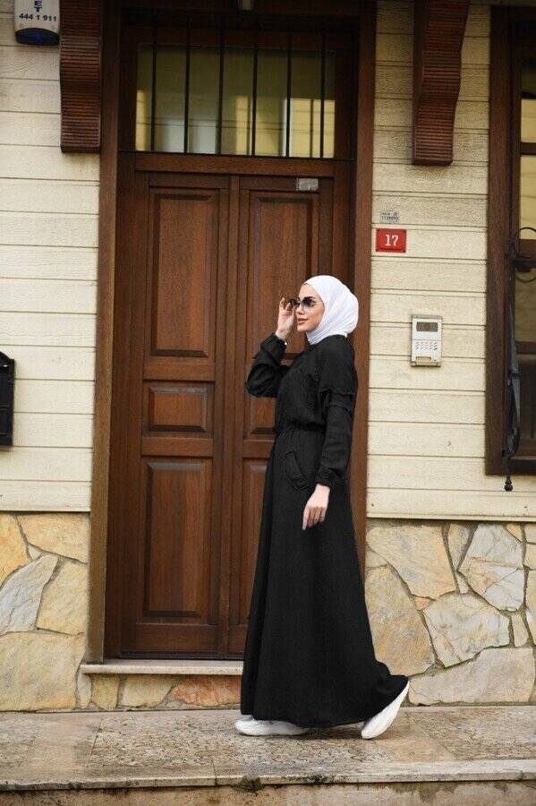 6501-DENİM REGLAN KOLLU CEPLİ ELBİSE Siyah