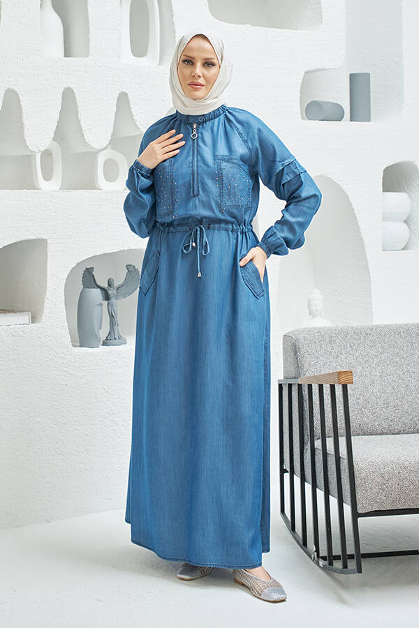 6501-Taşlı Denim Reglan Kollu Elbise Koyu Mavi