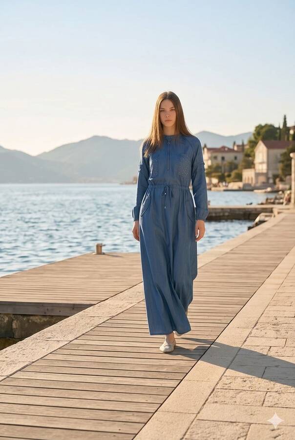 6501-Taşlı Denim Reglan Kollu Elbise Koyu Mavi